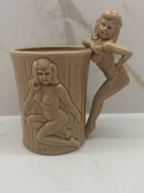 Vintage Naughty Nude Risqué Tiki Pin-Up Lady on a Barrel Ceramic Mug MCM Barware